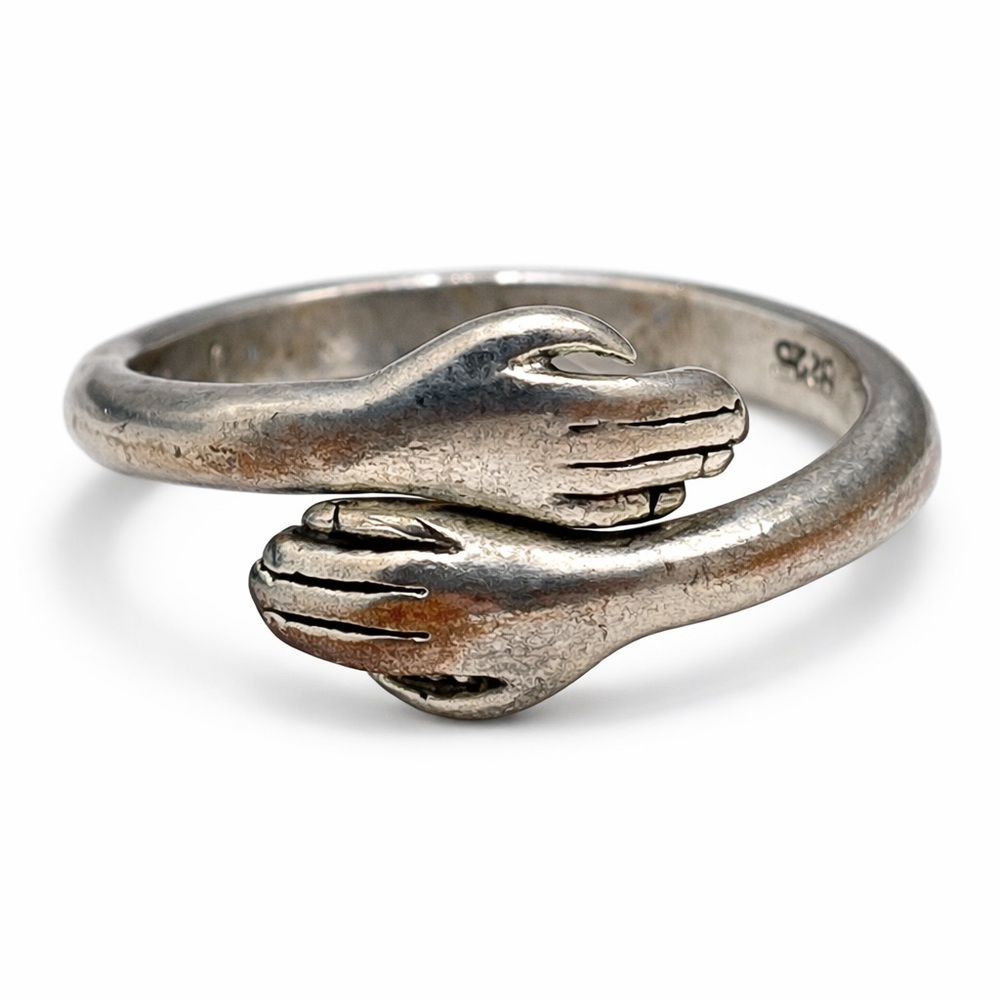 Vintage 925 Sterling Silver embracing  Hands Ring Adjustable symbolic Boho